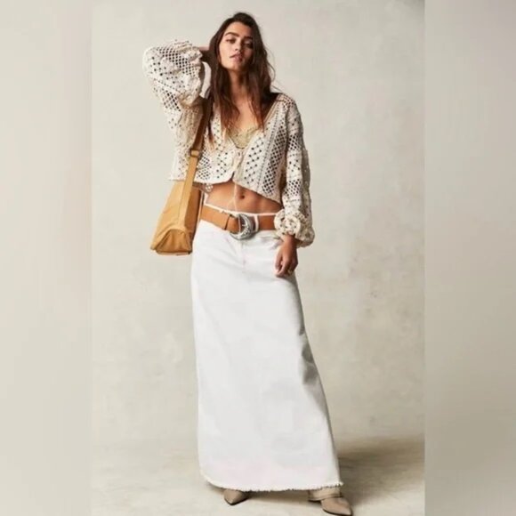 Free People We The Free Come As You Are Denim Maxi Skirt Sz 6 White - Picture 4 of 13